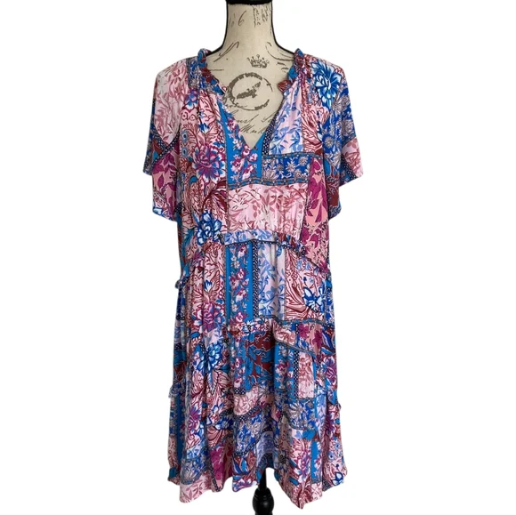 By Anthropologie Robin Tiered Mini Dress L Boho Floral Festival Flowy Patchwork - Picture 4 of 17